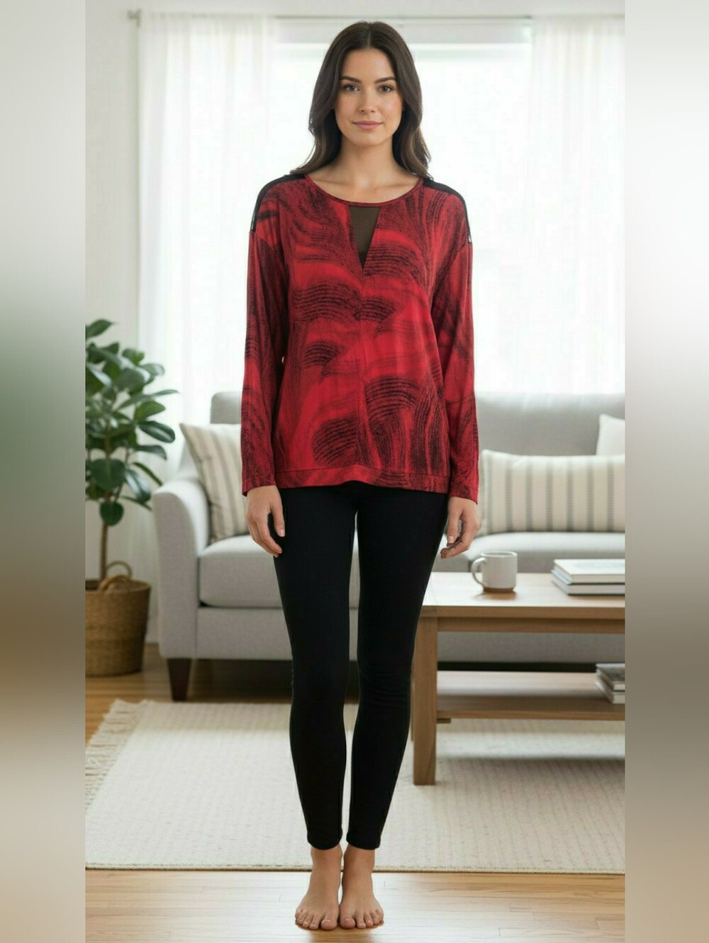 NWOT Calvin Klein Casual Red and  Black  Top with Mesh Detail and Keyhole Back